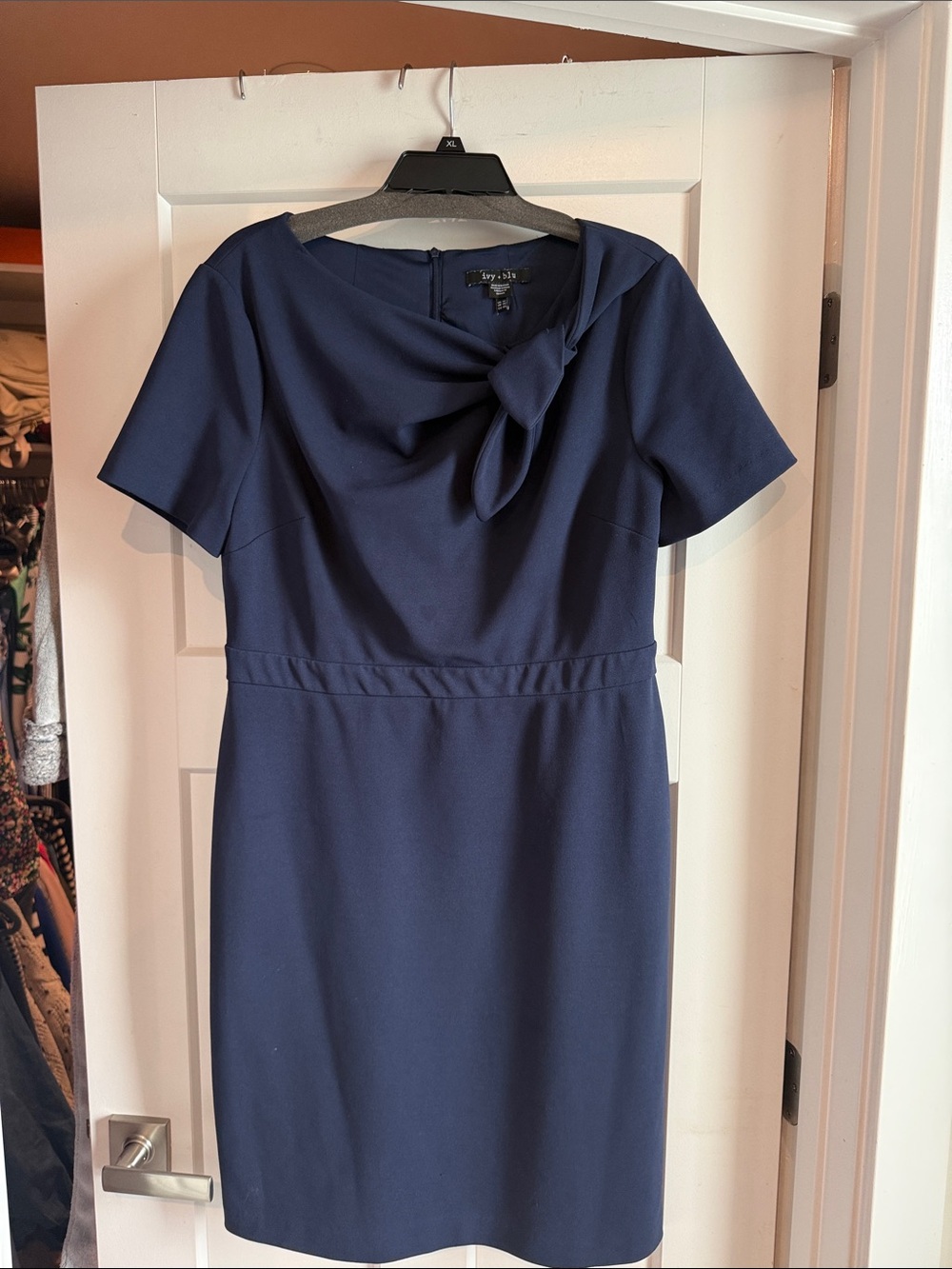 Navy Tie-Accent Sheath Dress